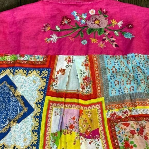 John Mark Embroidered Floral Linen Shirt 3/4 Sleeve Pink Multi Spring Summer New - Picture 12 of 12